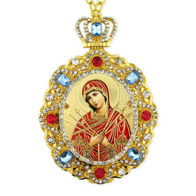 M-8-59 Virgin Mary Seven Swords Jeweled Faberge Style Icon Pendant With Chain to Hang Gift Boxed