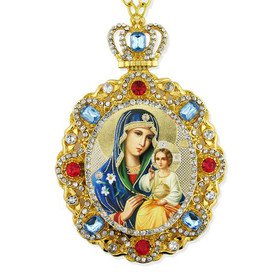 M-8-61 Virgin Mary Eternal Bloom Jeweled Faberge Style Icon Pendant With Chain to Hang Gift Boxed