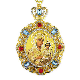 M-8-7 Virgin Mary of Jerusalem Jeweled Faberge Style Icon Pendant With Chain to Hang Gift Boxed
