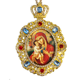 M-8-5 Virgin Mary & Child Jeweled Faberge Style Icon Pendant With Chain to Hang Gift Boxed