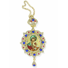 M-3-56 Madonna & Child Virgin of Passion in Panagia Style Framed Icon Pendant Ornament With Crown & Chain/ Christmas Ornament