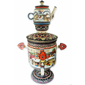 V7 "Samovar Russian Winter Scene" Painting from all Sides Hand Carved Hand Painted A Real Work of Art NEW!!  17'"x11"