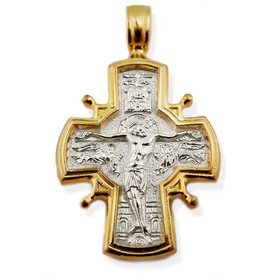EC-120 Icon Cross Crucifix & Presentation of  Mary in Temple Two Sided Reversible Sterling Silver 925 22kt Gold Gilded Icon Cross 1 1/4"x 3/4"