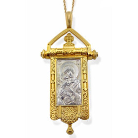 EC-126 Engraved Icon Pendant Virgin of Vladimir Sterling Silver 925 22kt Gold Gilded, Cross on the back side 2" W/Silver Gold Gilded Chain!