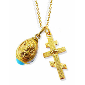 GP540FL-165C   Sterling Silver 925 24KT Gold Plated Three Bar Cross W Sterling Silver 925 Egg Pendant Christ & Chain 18"