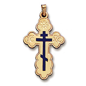 541- ECW 14 KT Gold Three Barred Cross with Blue Enamel 1"x1/2"