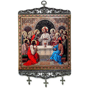 TL-29 Madonna & Child Loving Relationship of Christ and His Blessed Mother Icon Large Size Tapestry Icon Banner W/Crosses 17"x8"