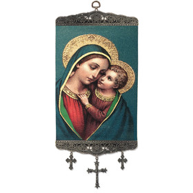 TL-29 Madonna & Child Loving Relationship of Christ and His Blessed Mother Icon Large Size Tapestry Icon Banner W/Crosses 17"x8"