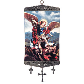 TL-29 Madonna & Child Loving Relationship of Christ and His Blessed Mother Icon Large Size Tapestry Icon Banner W/Crosses 17"x8"