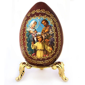 IED-4-3 Virgin of Enternal Bloom and Christ Wood Icon Egg w/Gold Stand