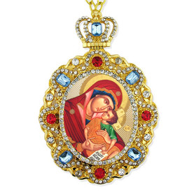 M-8-61 Virgin Mary Eternal Bloom Jeweled Faberge Style Icon Pendant With Chain to Hang Gift Boxed