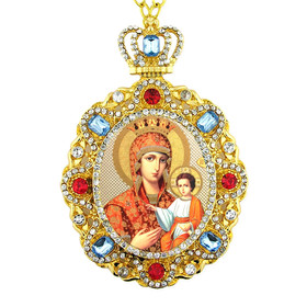 M-8-61 Virgin Mary Eternal Bloom Jeweled Faberge Style Icon Pendant With Chain to Hang Gift Boxed