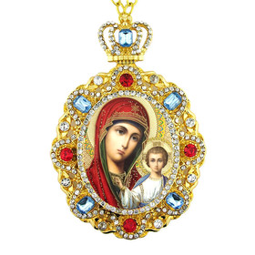 M-8-23 Virgin Mary of Jerusalem Jeweled Faberge Style Icon Pendant With Chain to Hang Gift Boxed