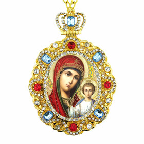 M-8-23 Virgin Mary of Jerusalem Jeweled Faberge Style Icon Pendant With Chain to Hang Gift Boxed