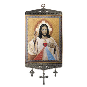 TL-29 Madonna & Child Loving Relationship of Christ and His Blessed Mother Icon Large Size Tapestry Icon Banner W/Crosses 17"x8"