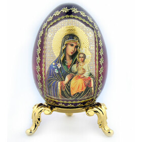 IED-4-3 Virgin of Enternal Bloom and Christ Wood Icon Egg w/Gold Stand