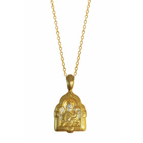 EC-55 Sterling Silver 925 22kt Gold Gilding Engraved Madonna & Child Icon Pendant Medal W Silver/Gold P Chain Prayer on the Back Side