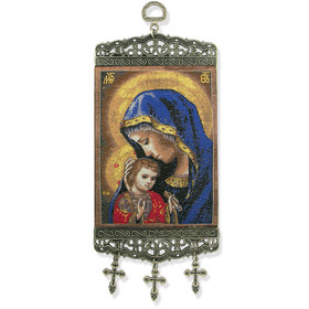 TMT89Madonna & Child Icon Banner Tapestry Textile Art 9 3/4"x3 7/8"