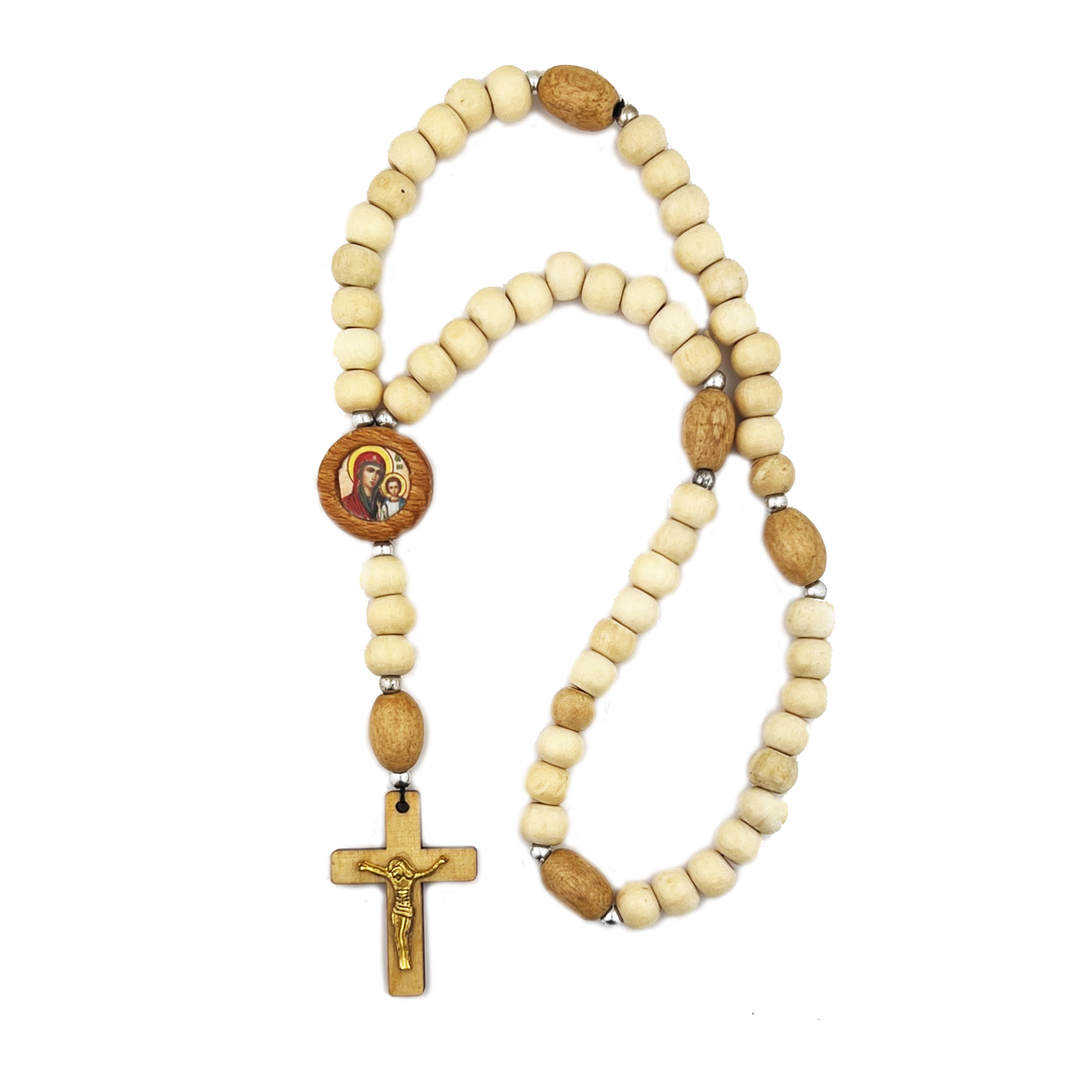 Wooden White Catholic Rosary With Icon Christ and Virgin Of Kazan Wooden White Catholic Rosary With Icon Christ and Virgin Of Kazan